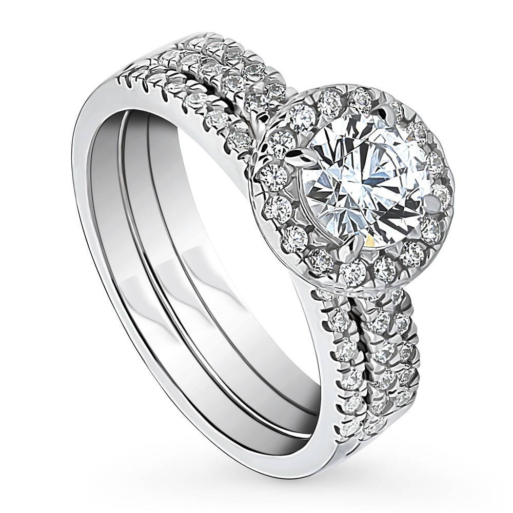 Front view of Halo Round CZ Ring Set in Sterling Silver, 4 of 15