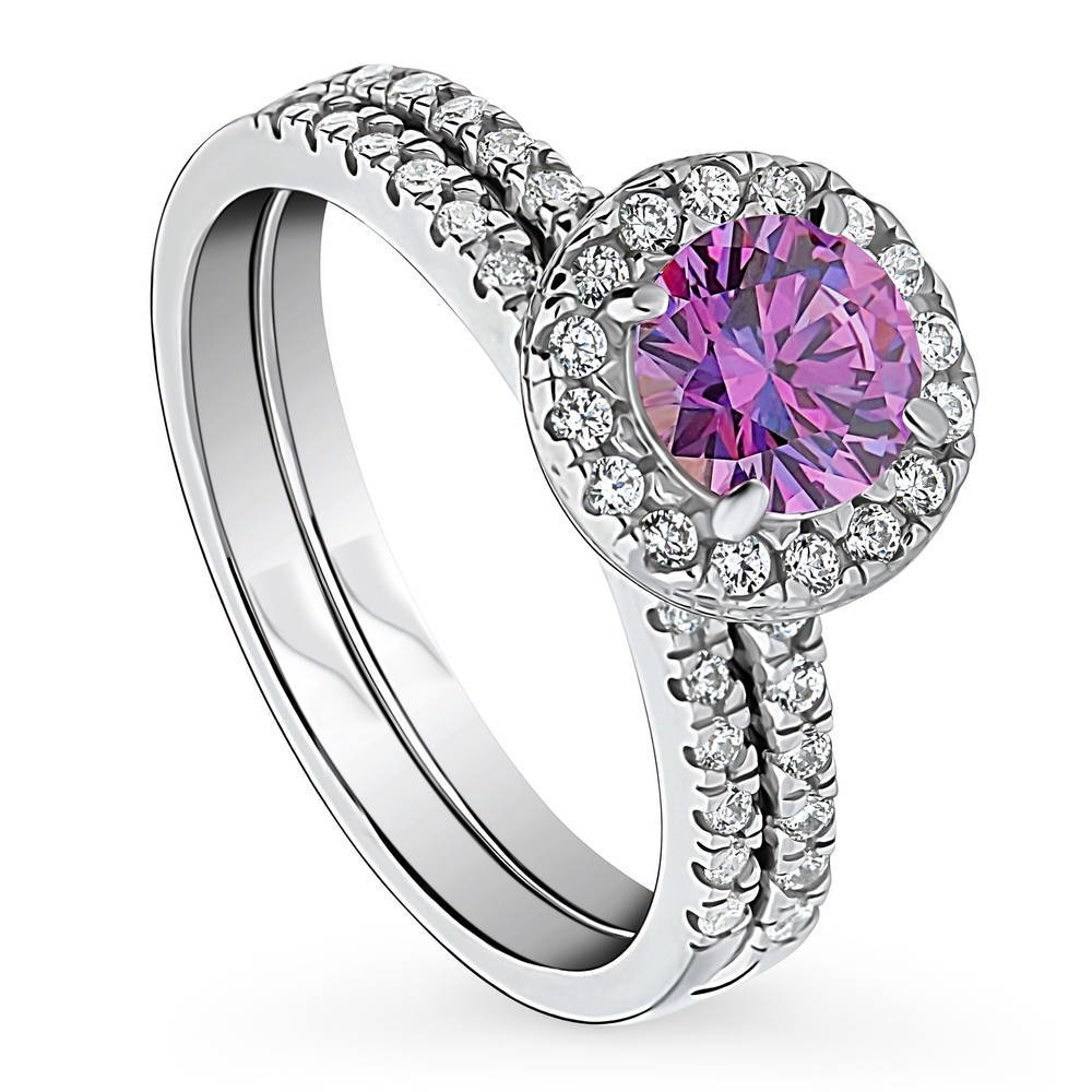 Halo Purple Round CZ Ring Set in Sterling Silver