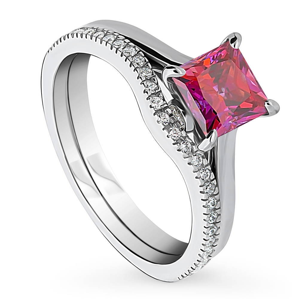 Front view of Solitaire 1.2ct Red Princess CZ Ring Set in Sterling Silver, 3 of 15
