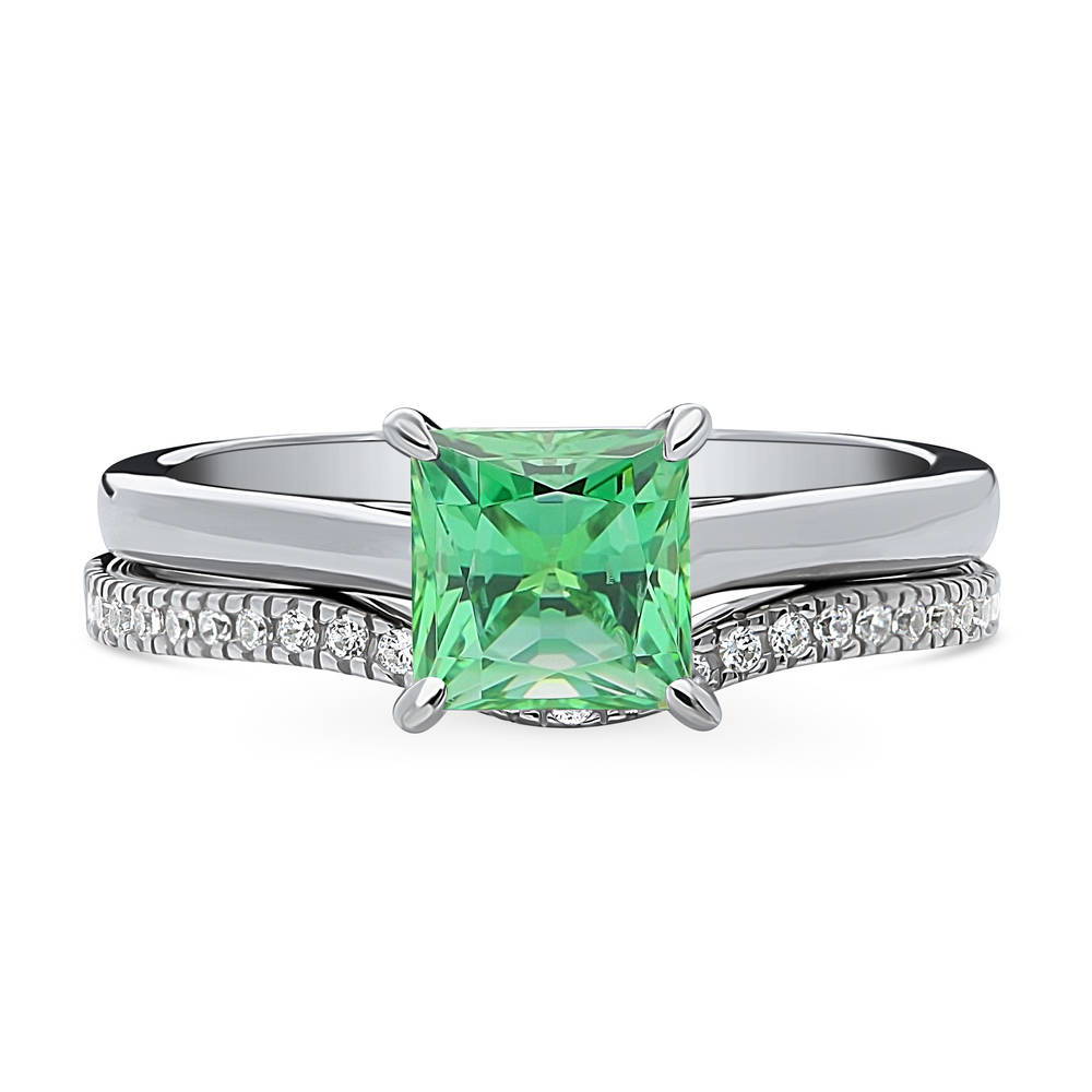 Solitaire Wishbone Green Princess CZ Ring Set in Sterling Silver