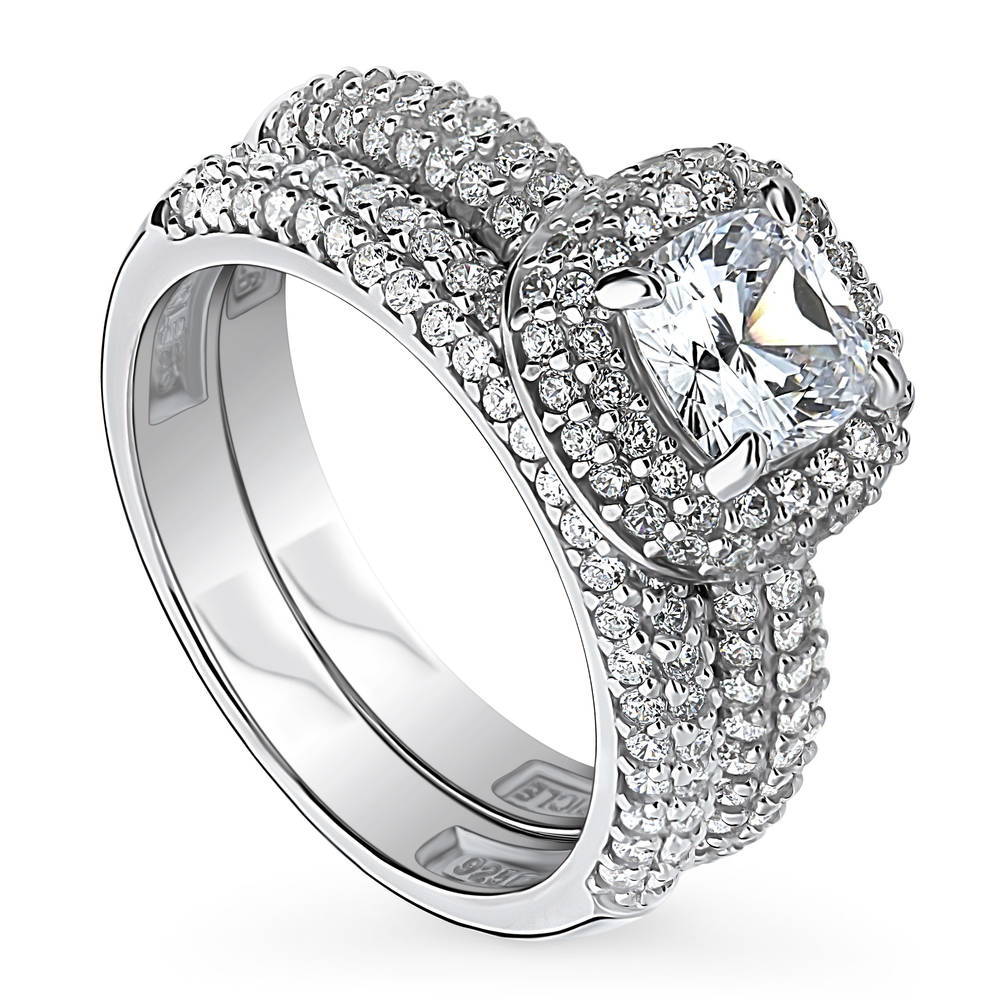 Front view of Halo Cushion CZ Ring Set in Sterling Silver, 4 of 13