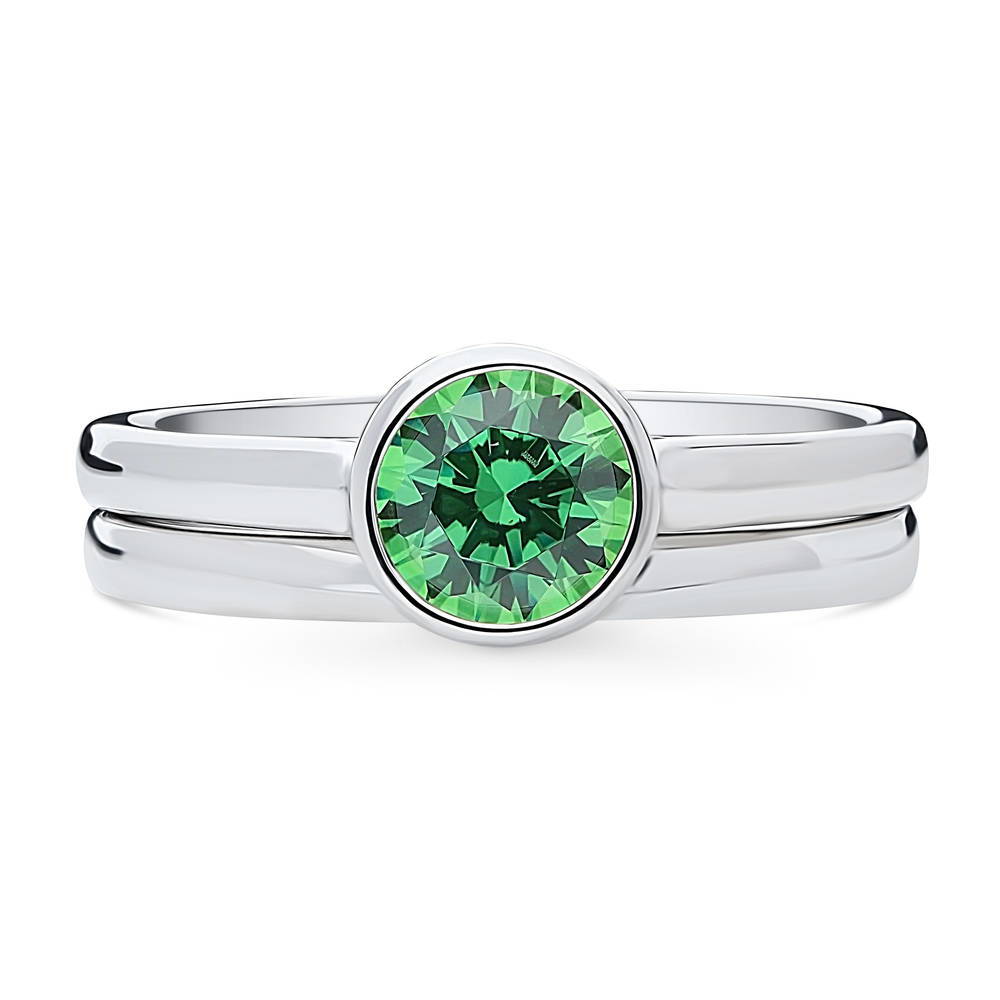 Solitaire 0.8ct Green Bezel Set Round CZ Ring Set in Sterling Silver