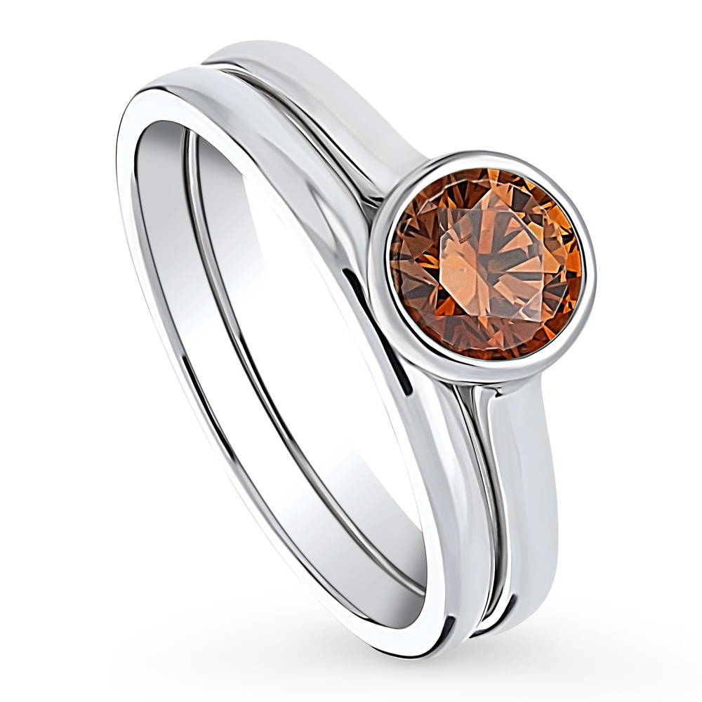 Front view of Solitaire 0.8ct Caramel Bezel Set Round CZ Ring Set in Sterling Silver, 3 of 9