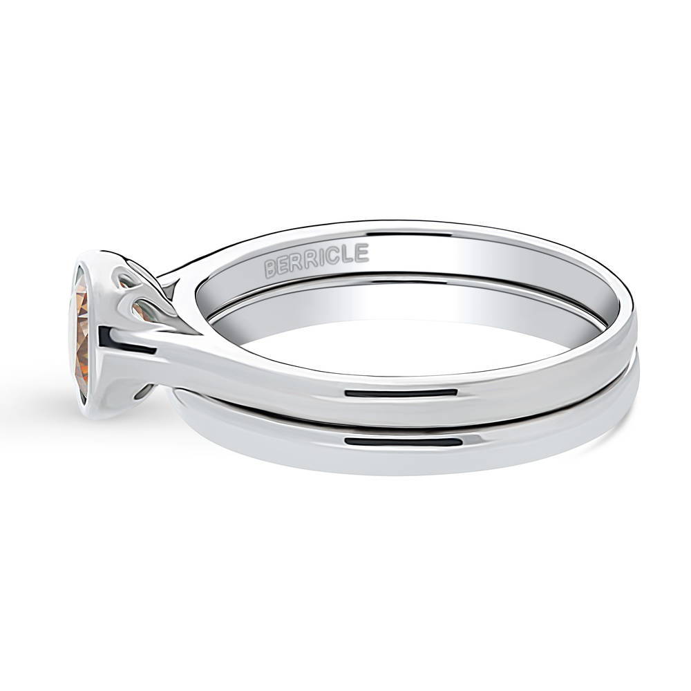 Angle view of Solitaire 0.8ct Caramel Bezel Set Round CZ Ring Set in Sterling Silver, 4 of 9