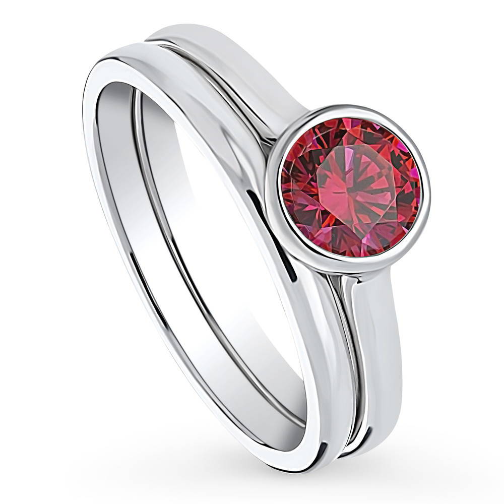 Solitaire 0.8ct Red Bezel Set Round CZ Ring Set in Sterling Silver