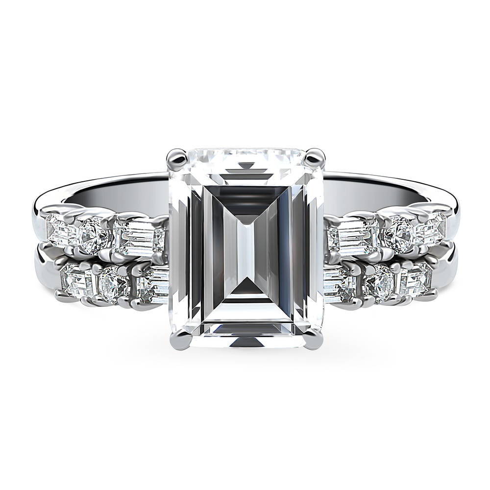 Solitaire Art Deco Emerald Cut CZ Ring Set in Sterling Silver