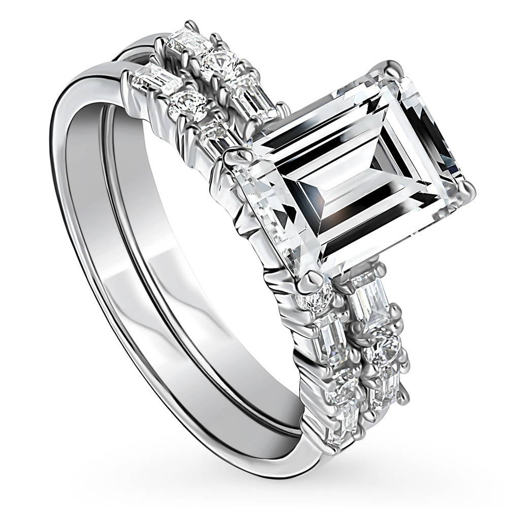 Solitaire Art Deco 2.1ct Emerald Cut CZ Ring Set in Sterling Silver