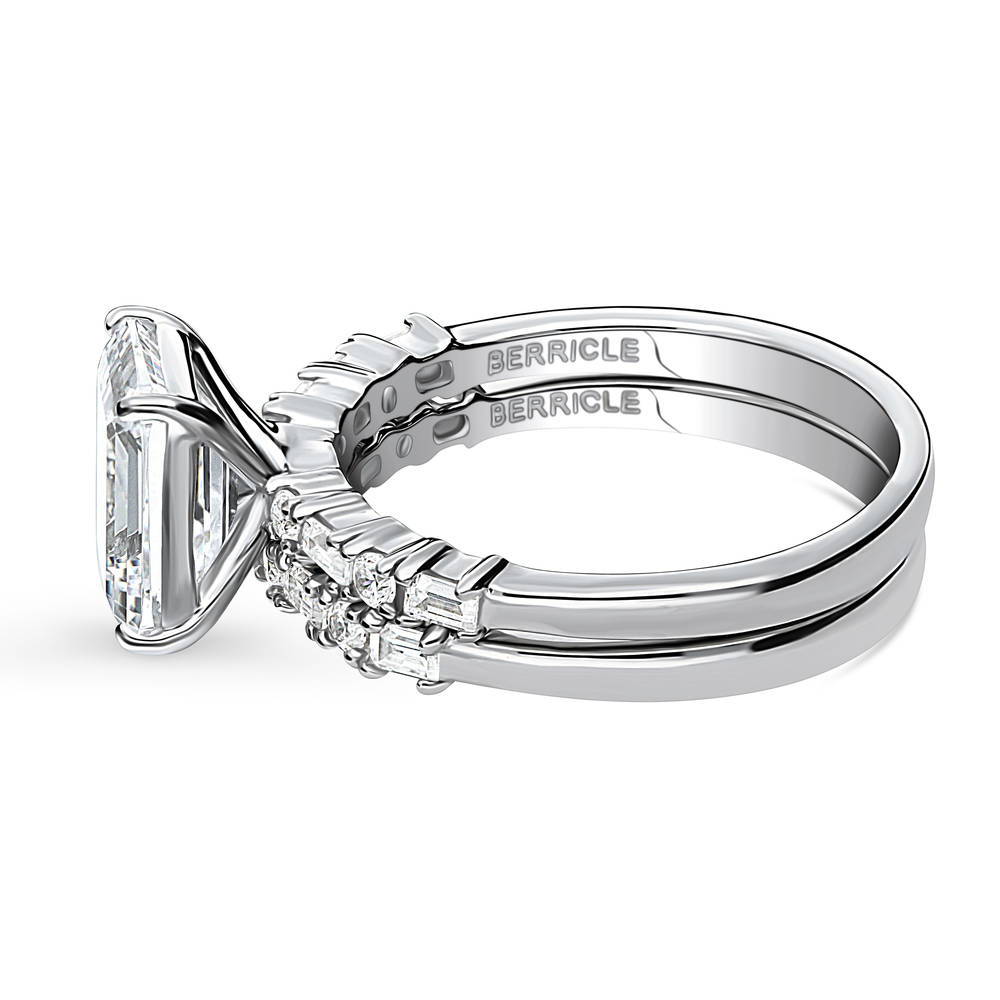 Solitaire Art Deco Emerald Cut CZ Ring Set in Sterling Silver