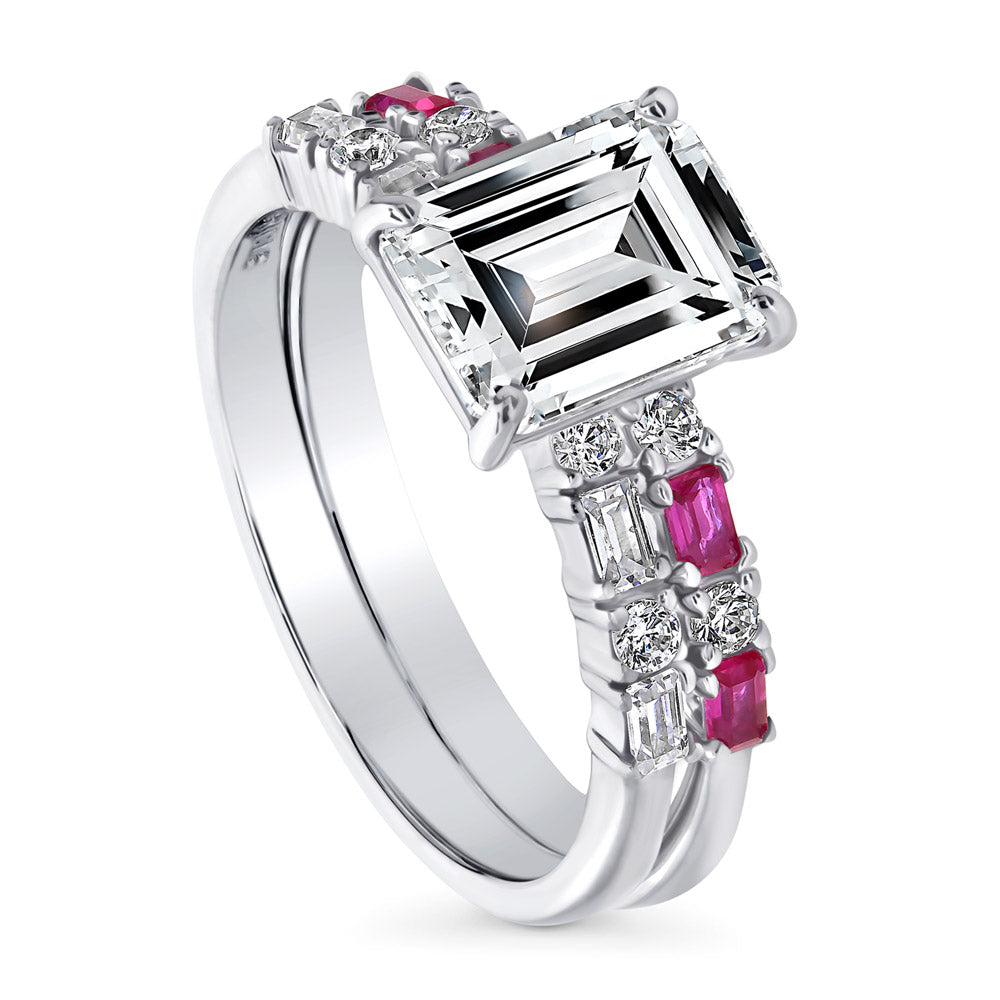 Solitaire Art Deco Emerald Cut CZ Ring Set in Sterling Silver