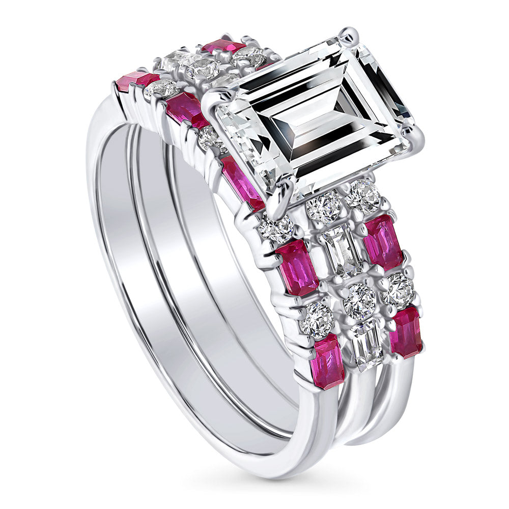 Solitaire Art Deco Emerald Cut CZ Ring Set in Sterling Silver