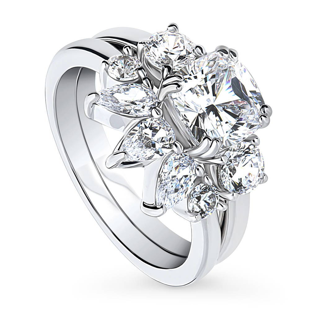 3-Stone 5-Stone Wishbone Cushion CZ Ring Set in Sterling Silver