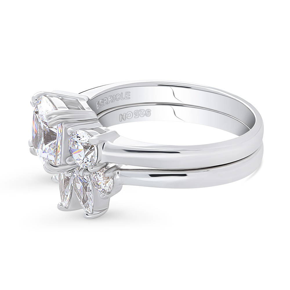 3-Stone 5-Stone Wishbone Cushion CZ Ring Set in Sterling Silver