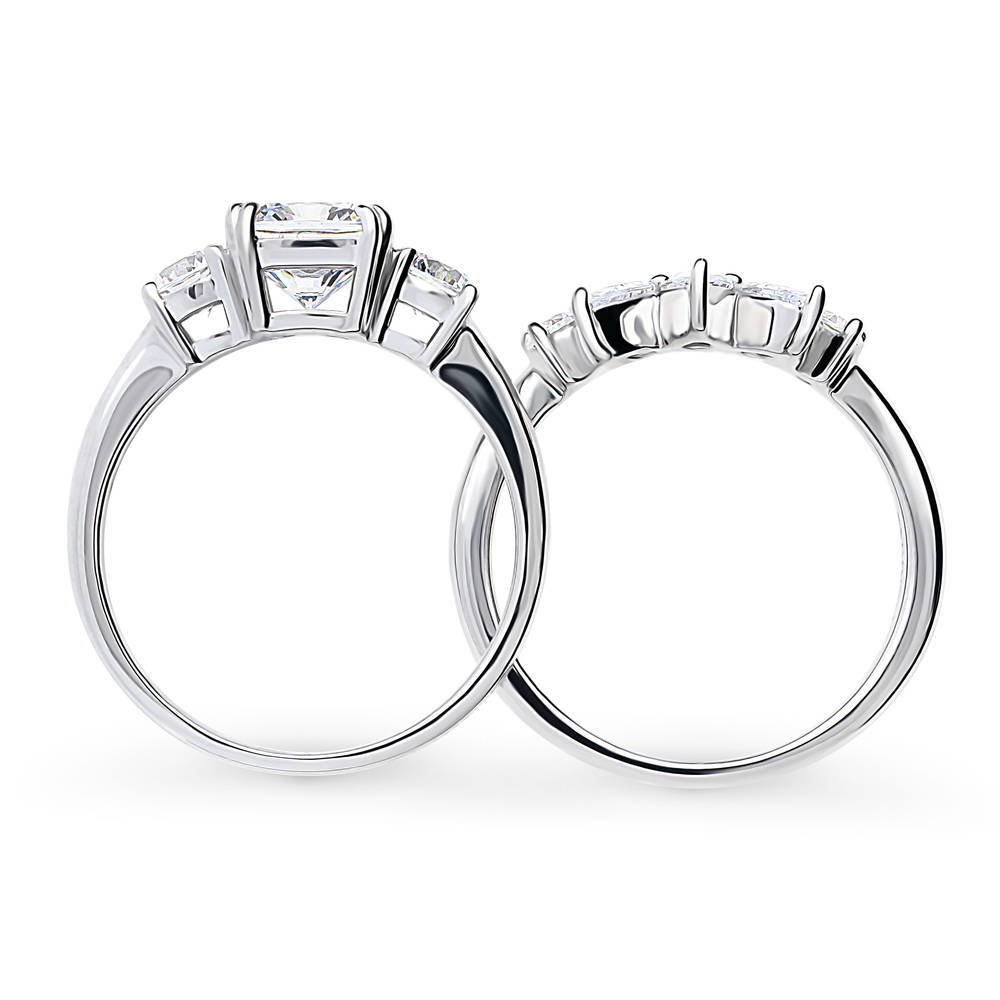 3-Stone 5-Stone Wishbone Cushion CZ Ring Set in Sterling Silver