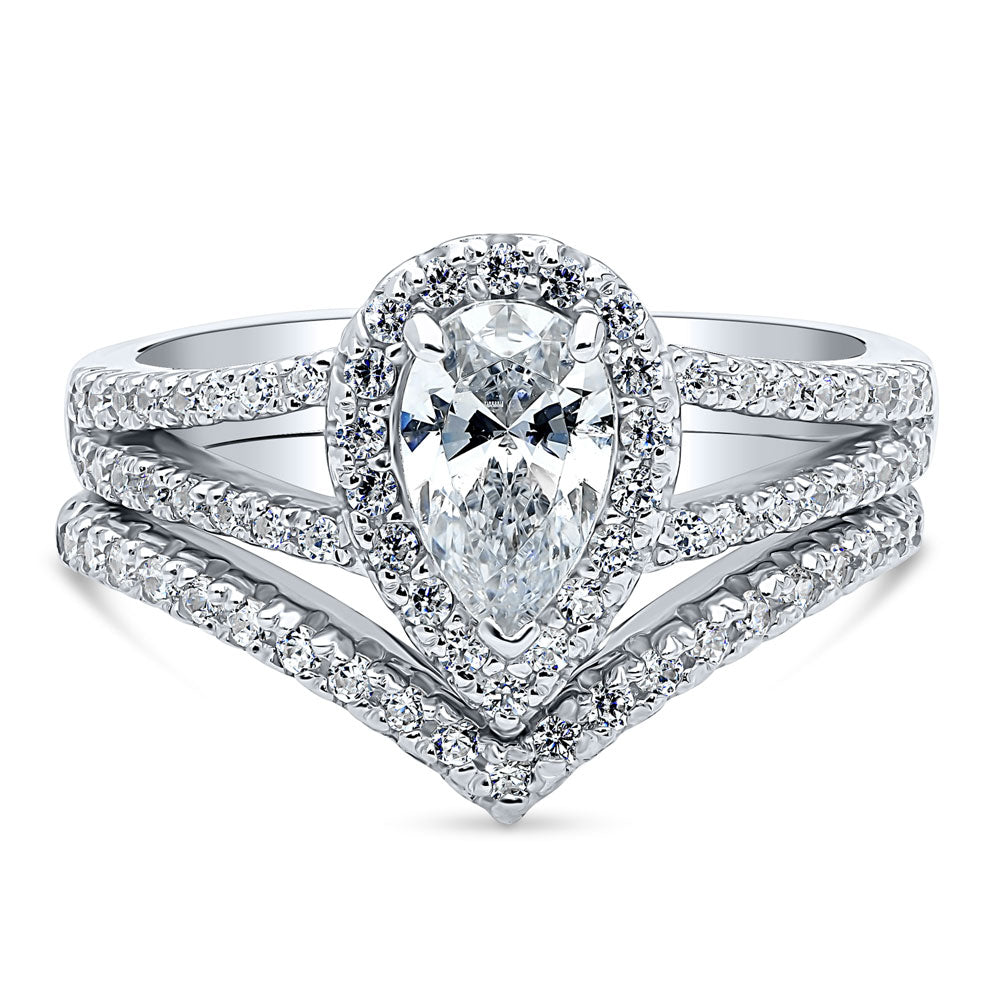 Halo Pear CZ Split Shank Ring Set in Sterling Silver