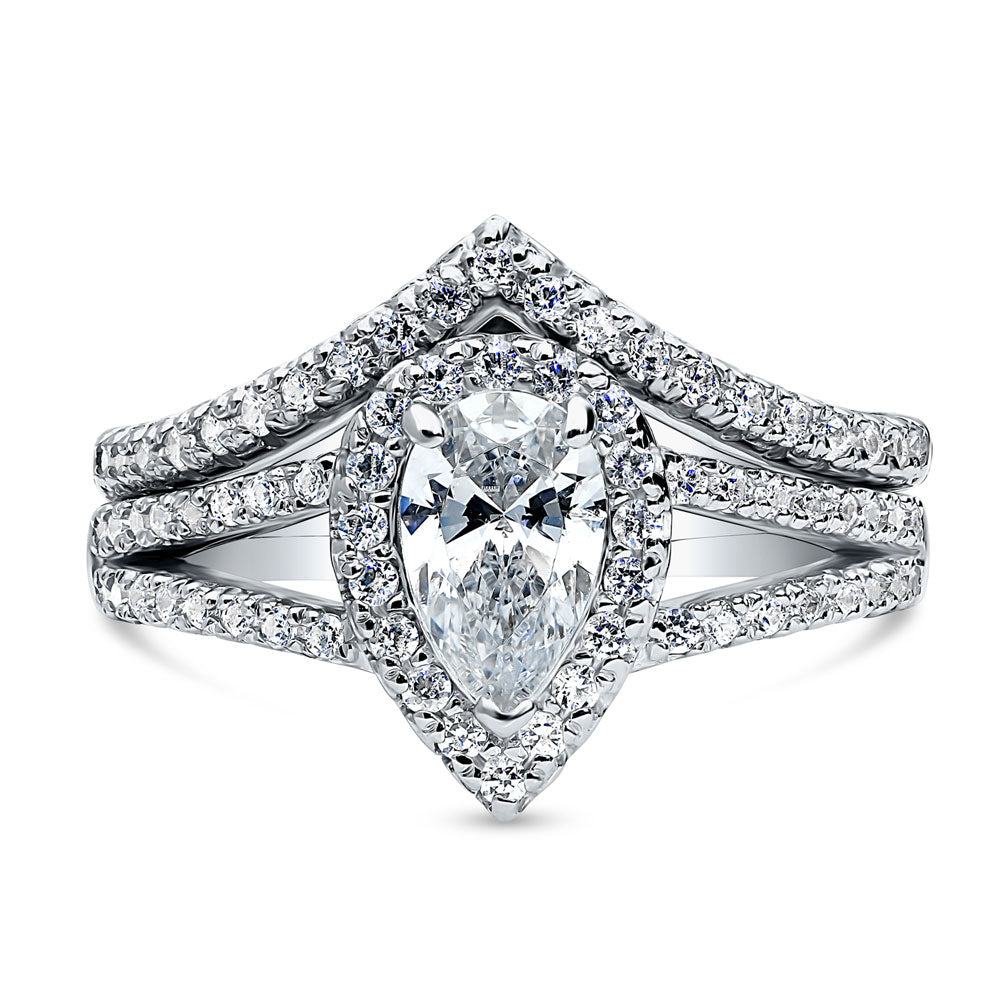 Halo Wishbone Pear CZ Split Shank Ring Set in Sterling Silver