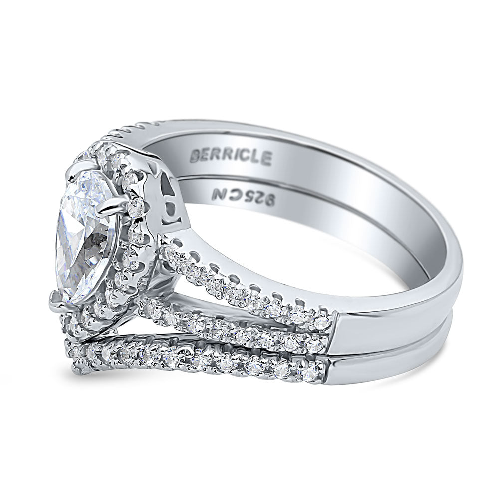 Halo Pear CZ Split Shank Ring Set in Sterling Silver