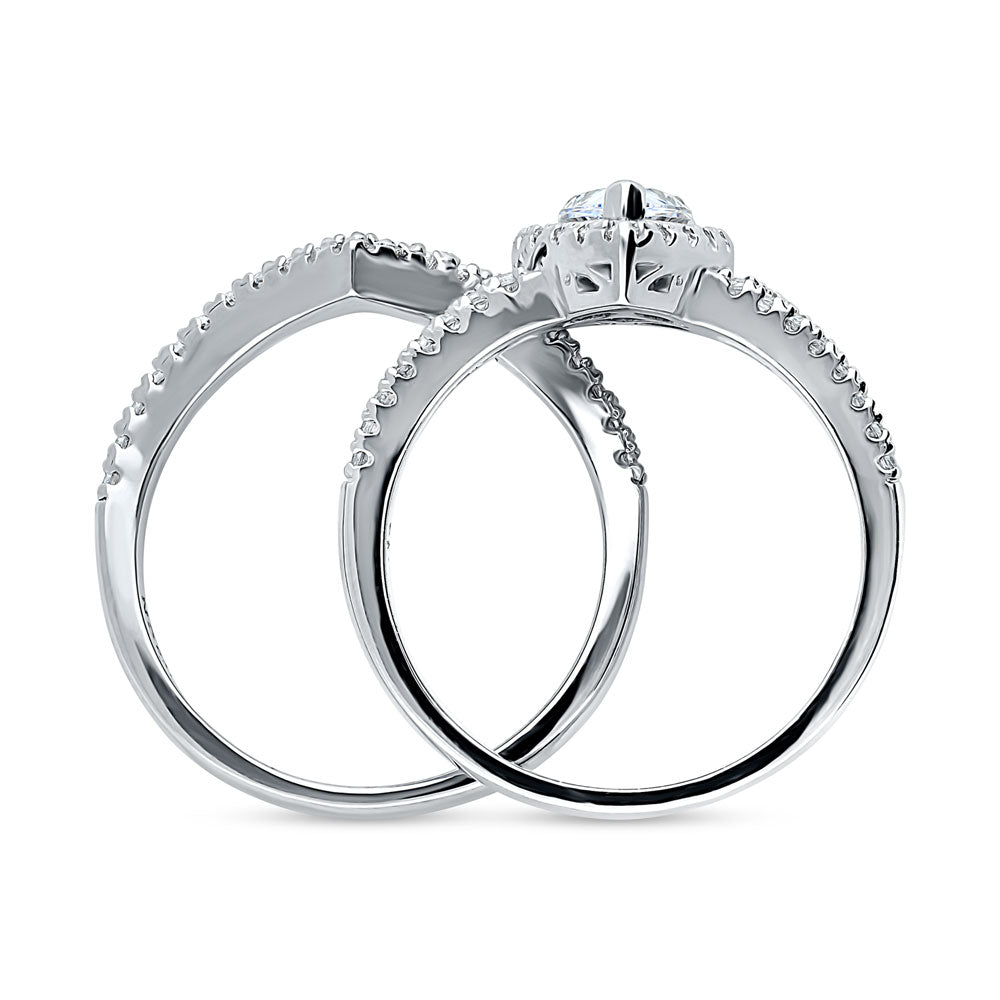 Halo Pear CZ Split Shank Ring Set in Sterling Silver