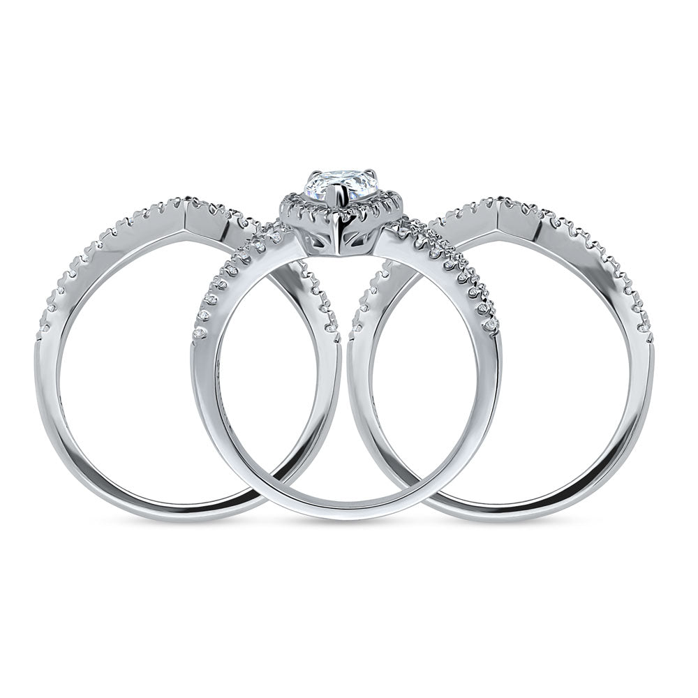 Halo Pear CZ Split Shank Ring Set in Sterling Silver