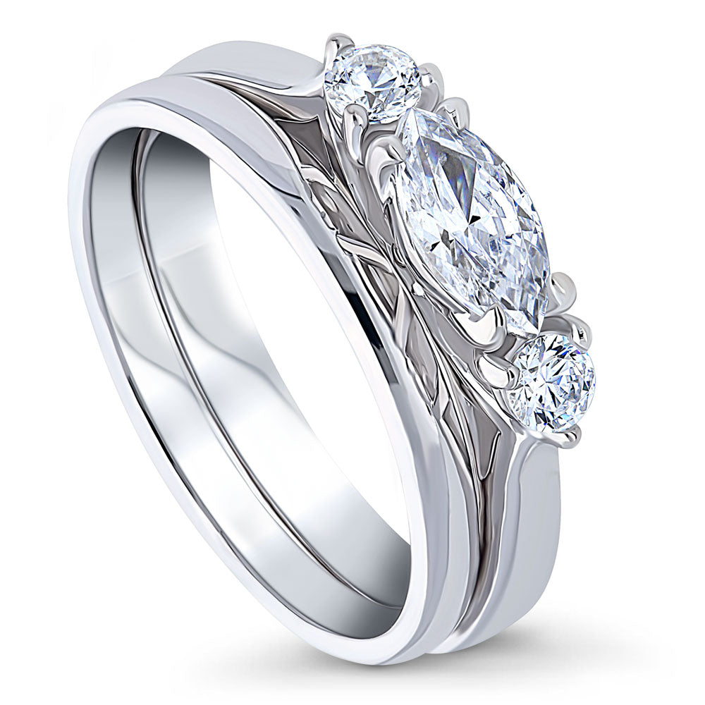 Front view of 3-Stone East-West Marquise CZ Ring Set in Sterling Silver, 3 of 11