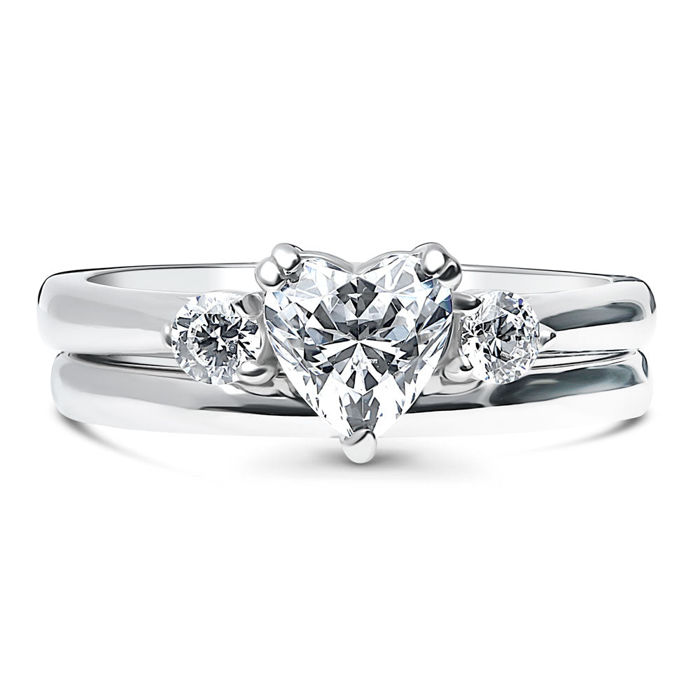 3-Stone Heart CZ Ring Set in Sterling Silver