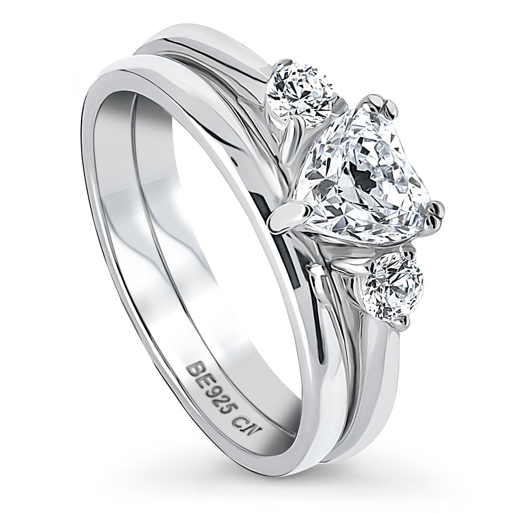 3-Stone Heart CZ Ring Set in Sterling Silver