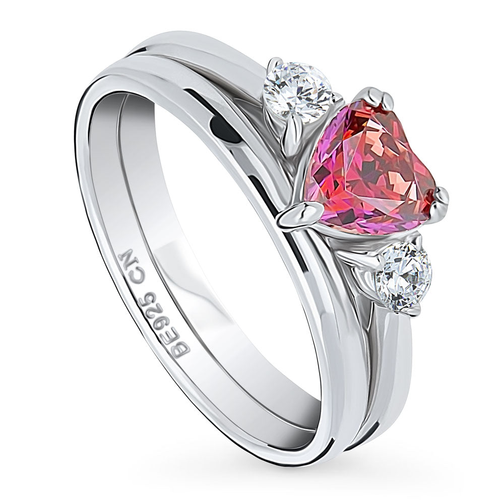 3-Stone Heart 0.7ct Red Heart CZ Ring Set in Sterling Silver
