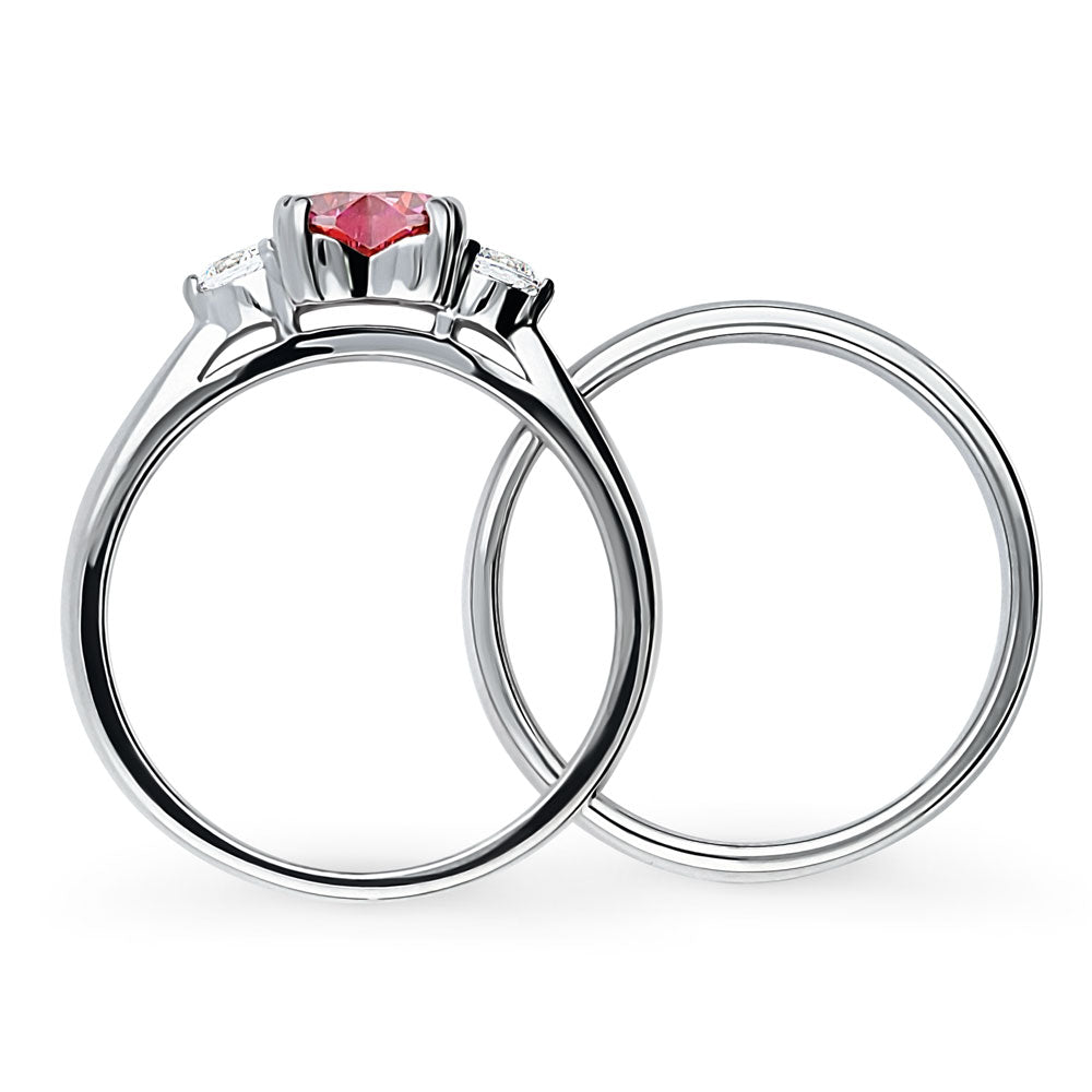 3-Stone Red Heart CZ Ring Set in Sterling Silver
