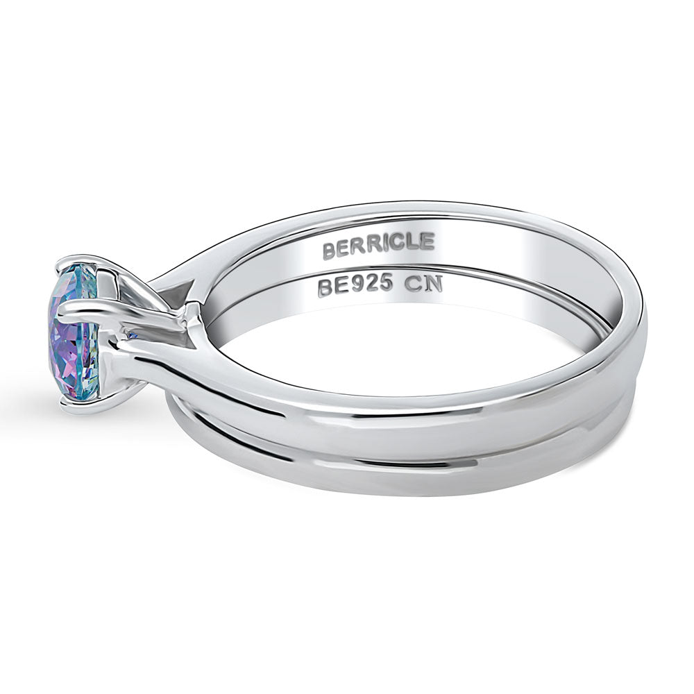 Kaleidoscope Solitaire Purple Aqua CZ Ring Set in Sterling Silver