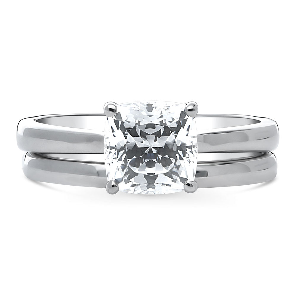 Solitaire 2ct Cushion CZ Ring Set in Sterling Silver