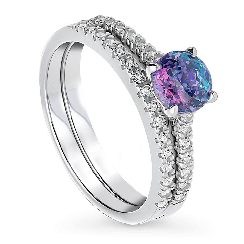 Front view of Kaleidoscope Solitaire Purple Aqua CZ Ring Set in Sterling Silver, 4 of 13