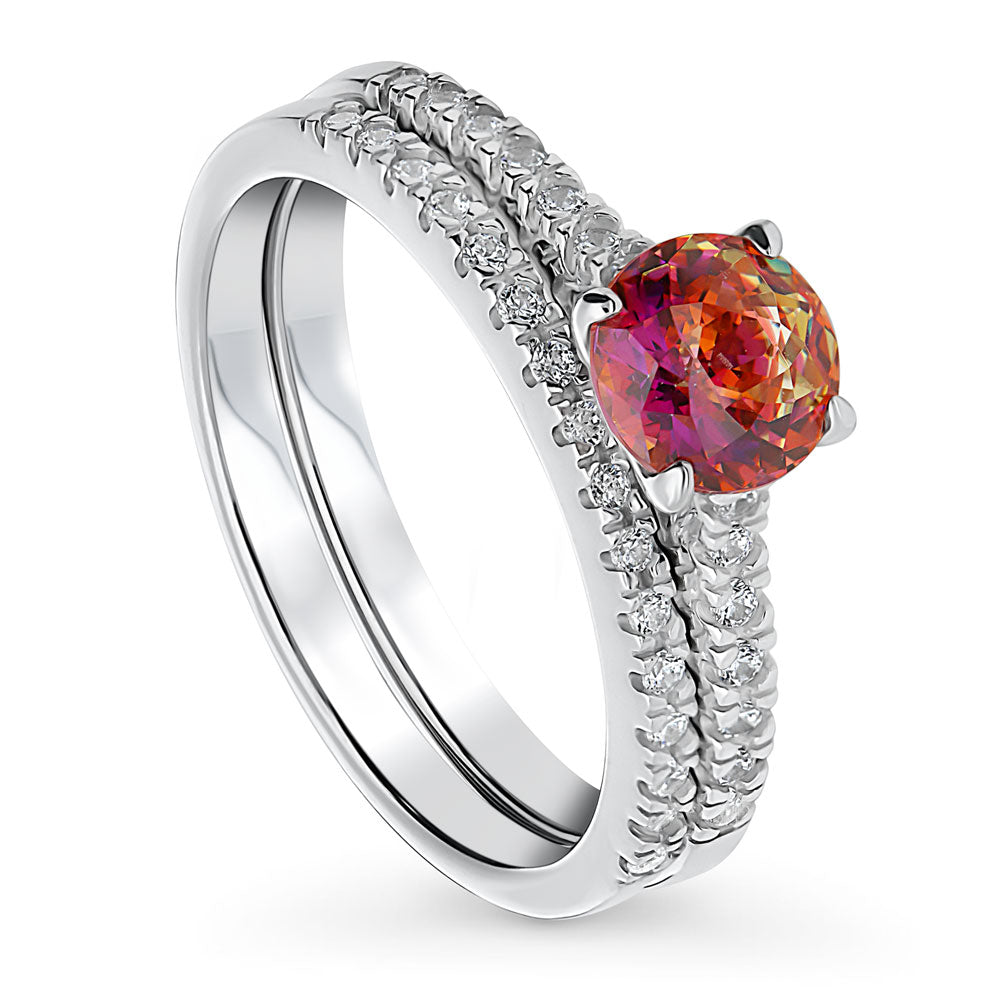 Kaleidoscope Solitaire Red Orange CZ Ring Set in Sterling Silver