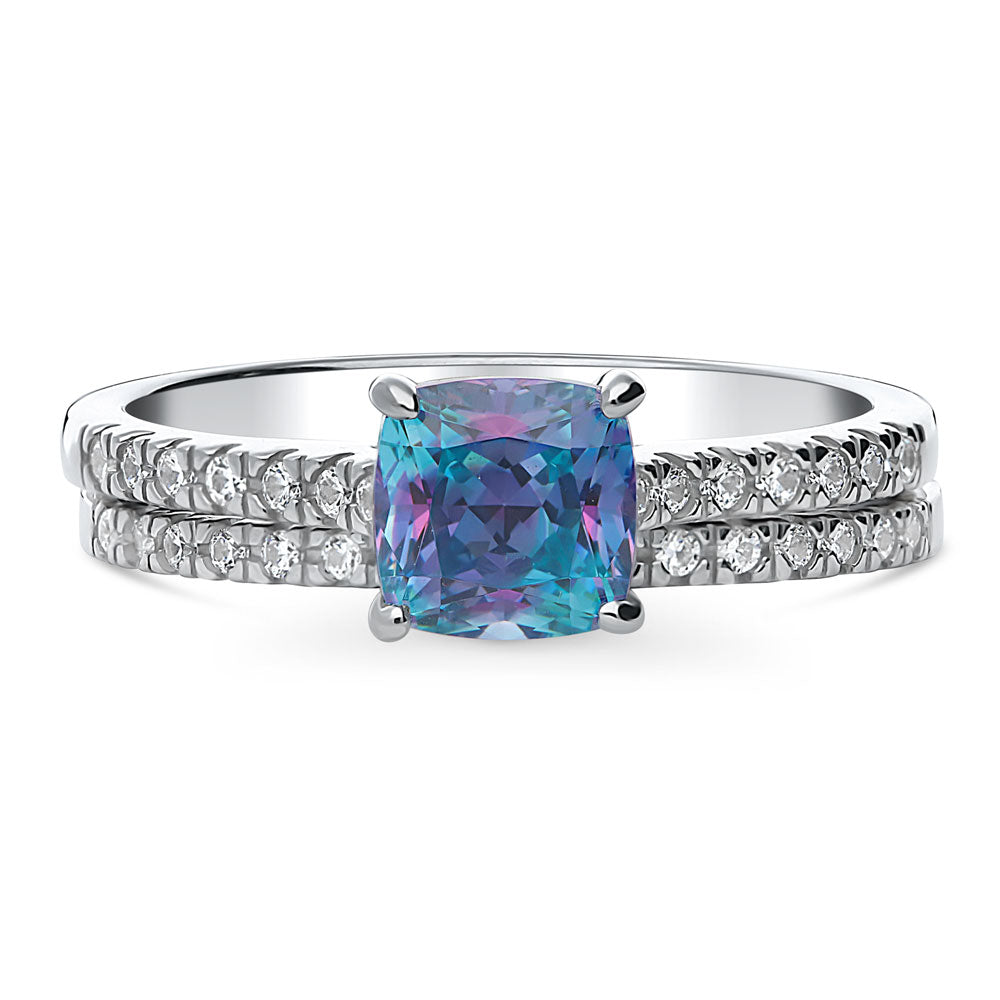 Kaleidoscope Solitaire Purple Aqua CZ Ring Set in Sterling Silver