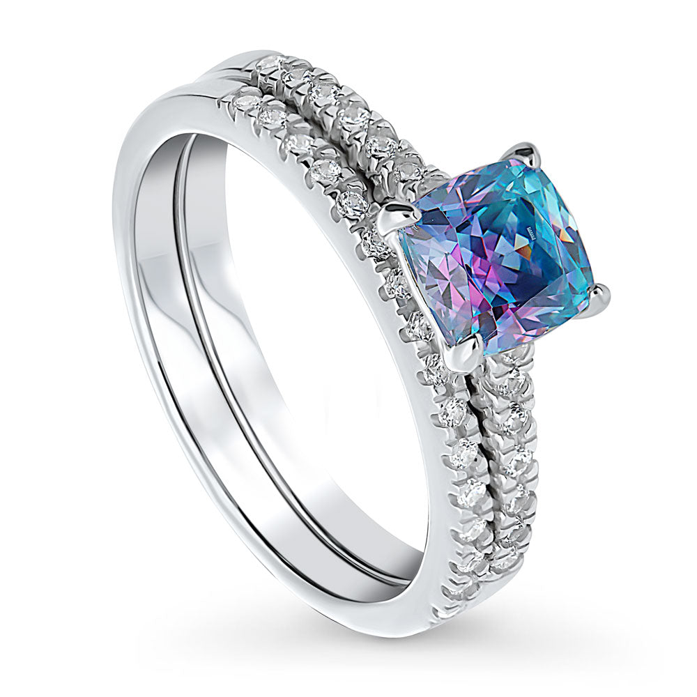 Kaleidoscope Solitaire Purple Aqua CZ Ring Set in Sterling Silver