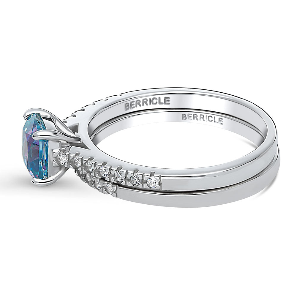 Kaleidoscope Solitaire Purple Aqua CZ Ring Set in Sterling Silver
