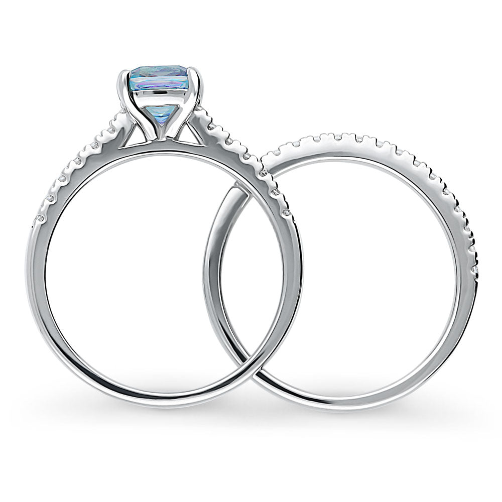 Kaleidoscope Solitaire Purple Aqua CZ Ring Set in Sterling Silver