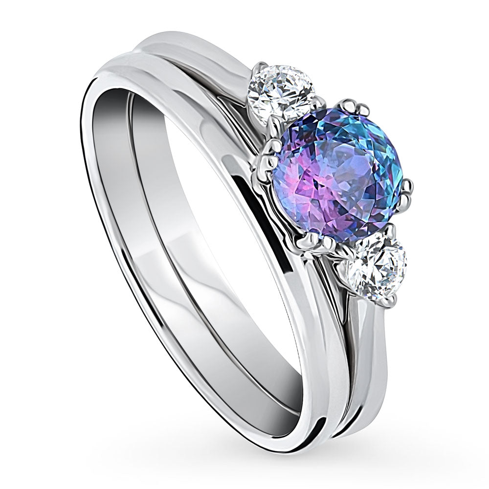 Front view of 3-Stone Kaleidoscope Purple Aqua Round CZ Ring Set in Sterling Silver, 3 of 13