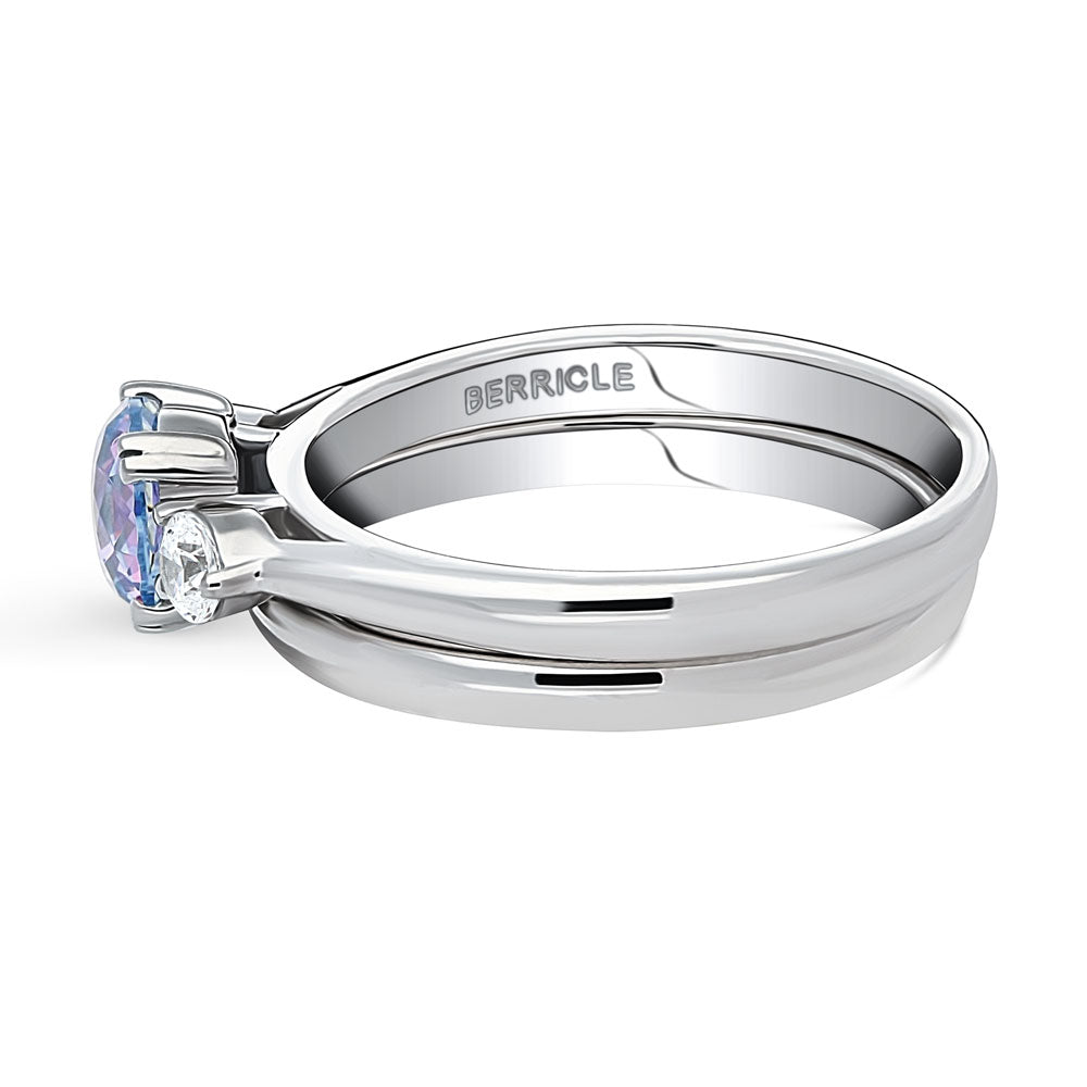 Angle view of 3-Stone Kaleidoscope Purple Aqua Round CZ Ring Set in Sterling Silver, 4 of 13