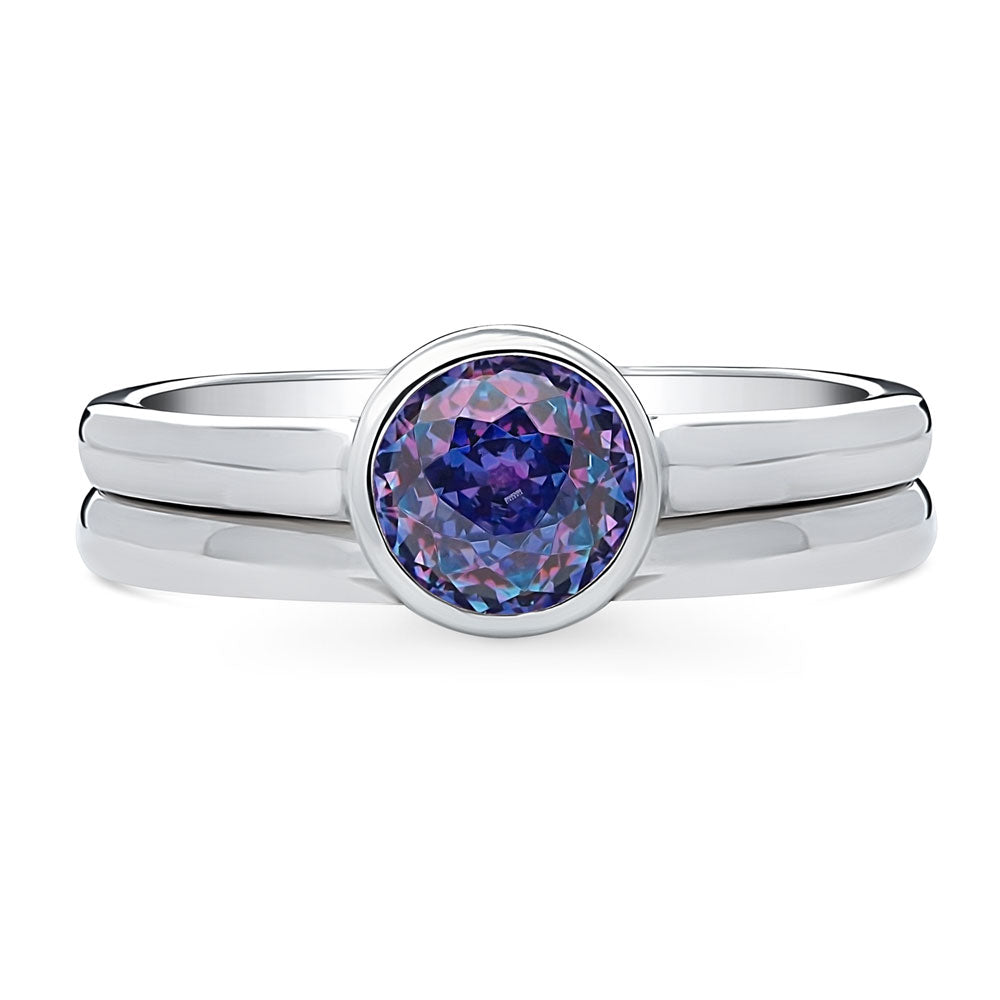 Kaleidoscope Purple Aqua Bezel Set CZ Ring Set in Sterling Silver