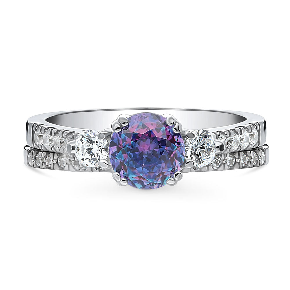 3-Stone Kaleidoscope Purple Aqua Round CZ Ring Set in Sterling Silver