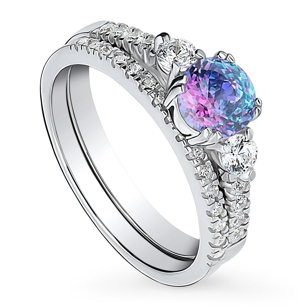 3-Stone Kaleidoscope Purple Aqua Round CZ Ring Set in Sterling Silver