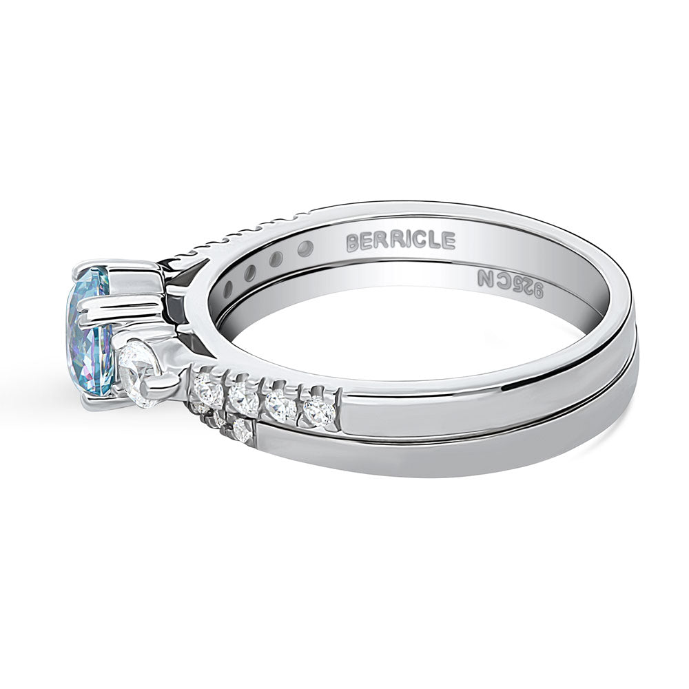 3-Stone Kaleidoscope Purple Aqua Round CZ Ring Set in Sterling Silver