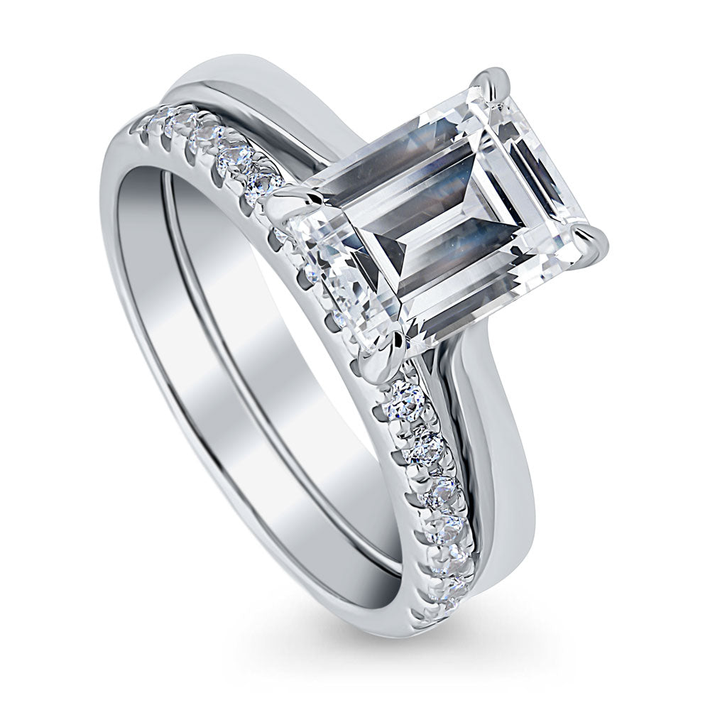 Front view of Solitaire 2.6ct Emerald Cut CZ Ring Set in Sterling Silver, 4 of 15