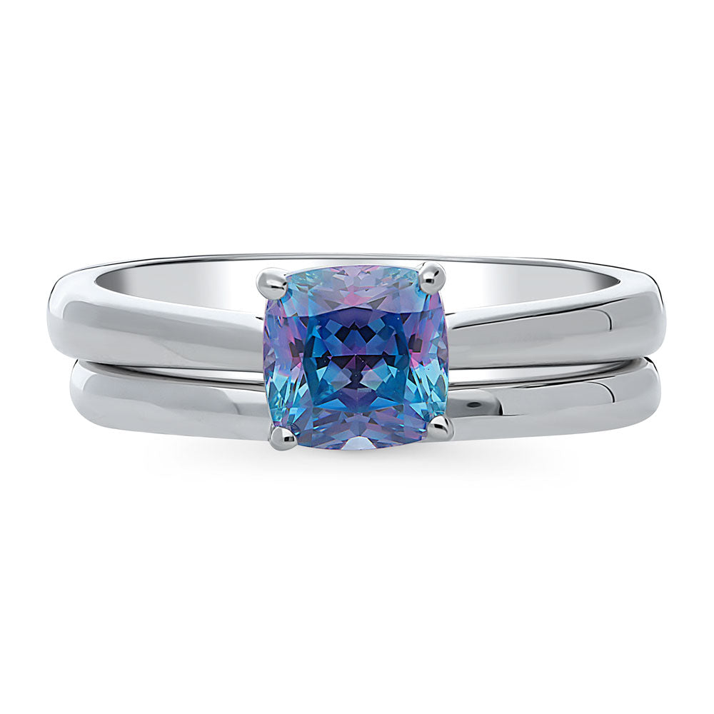 Kaleidoscope Solitaire Purple Aqua CZ Ring Set in Sterling Silver
