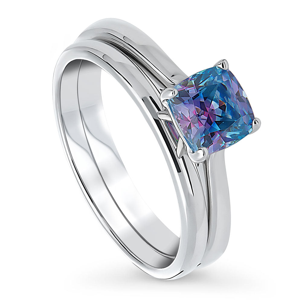 Kaleidoscope Solitaire Purple Aqua CZ Ring Set in Sterling Silver
