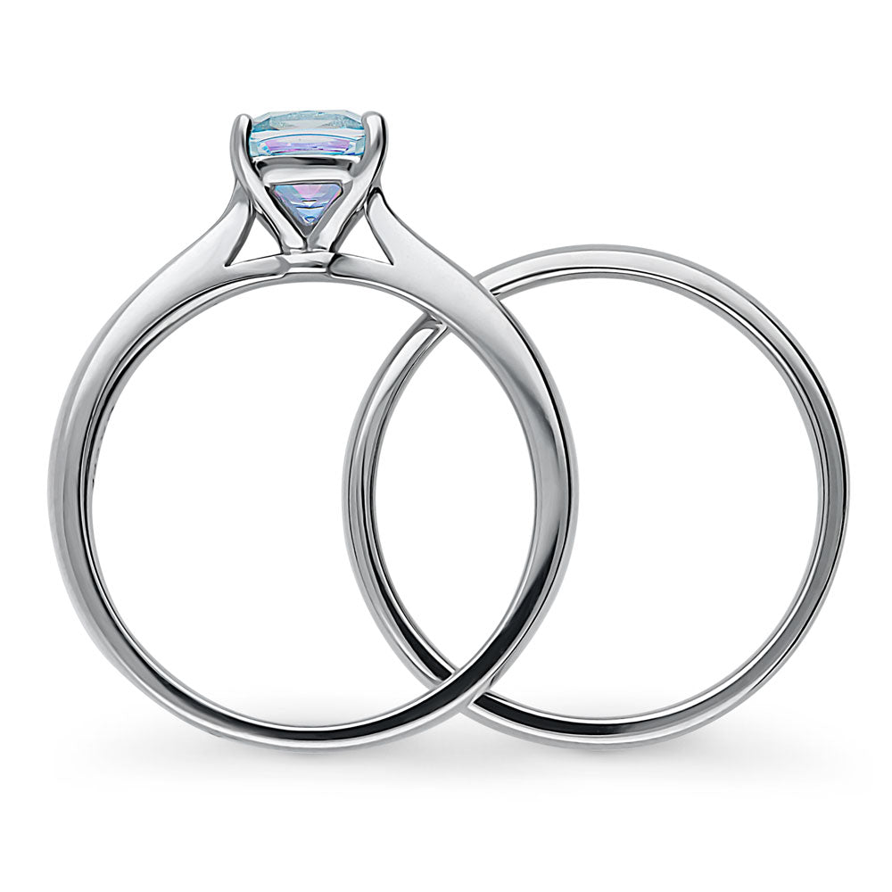 Kaleidoscope Solitaire Purple Aqua CZ Ring Set in Sterling Silver