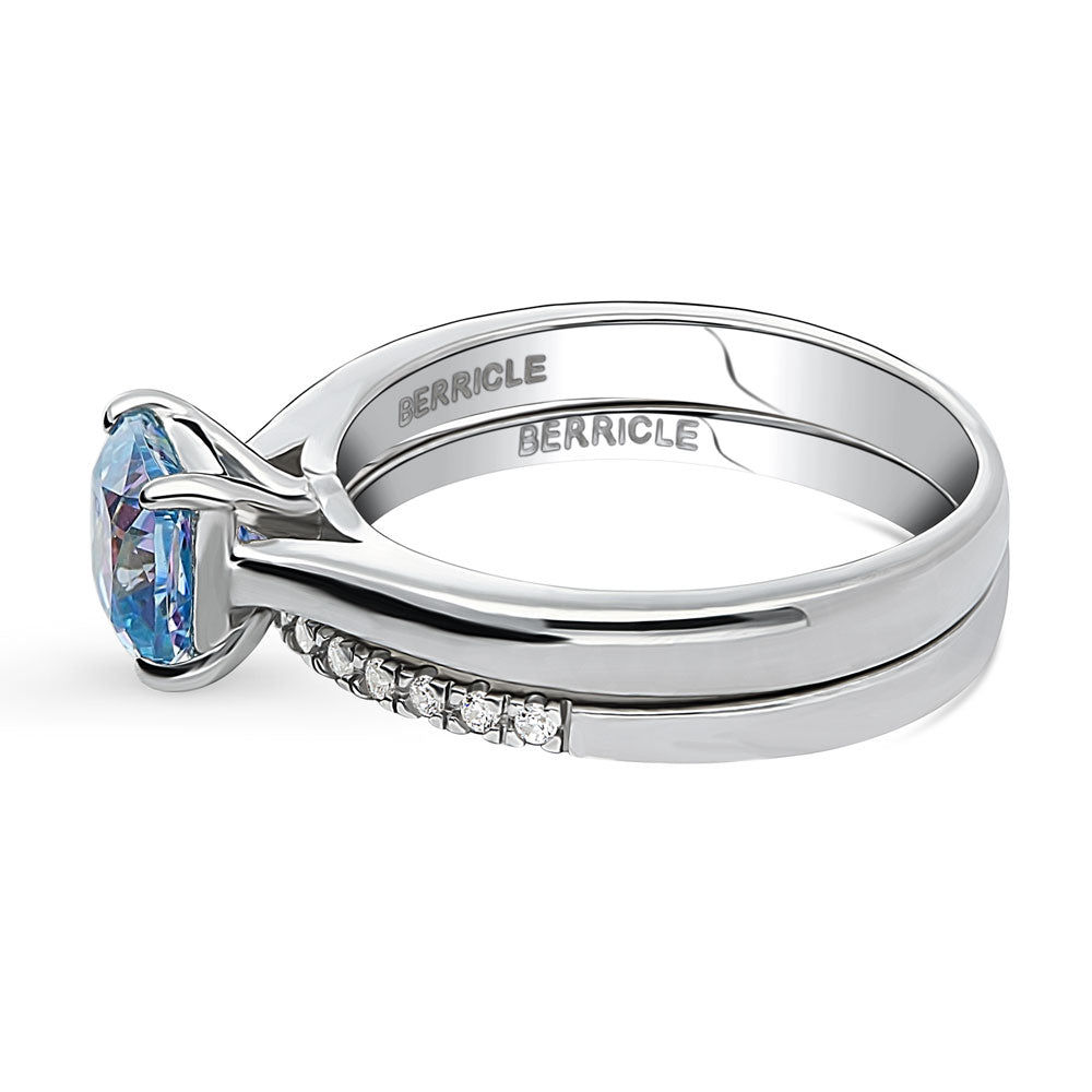 Kaleidoscope Solitaire Purple Aqua CZ Ring Set in Sterling Silver