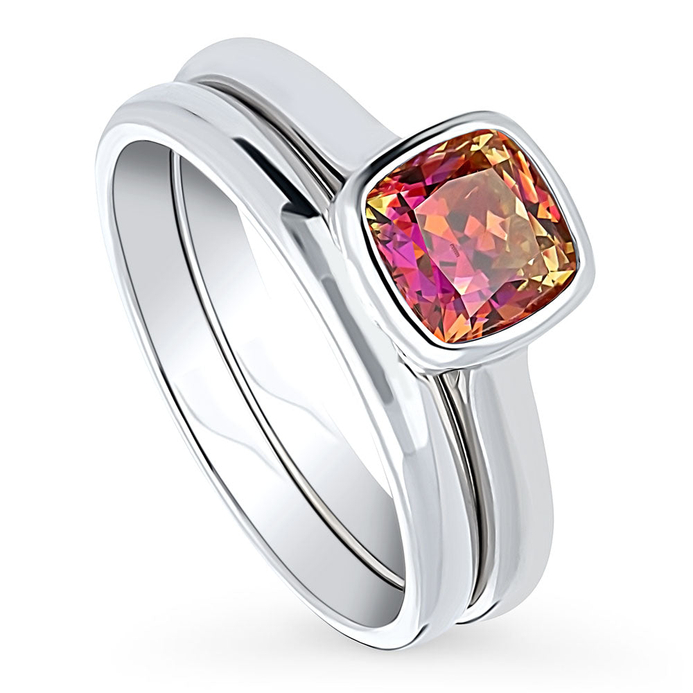 Solitaire Kaleidoscope Red Orange CZ Ring Set in Sterling Silver