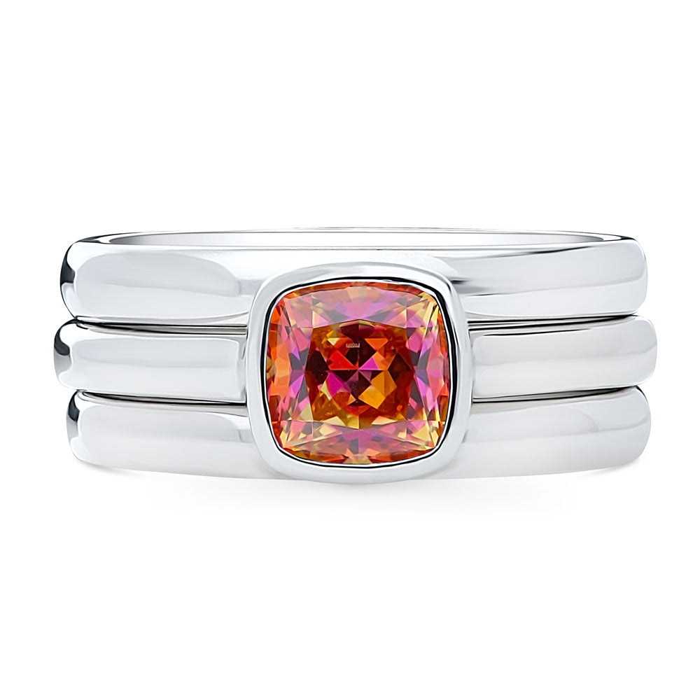 Kaleidoscope Red Orange Bezel Set CZ Ring Set in Sterling Silver