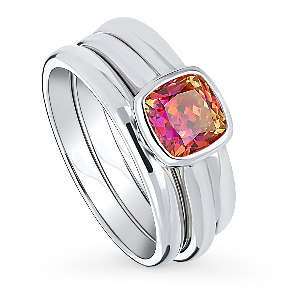 Kaleidoscope Red Orange Bezel Set CZ Ring Set in Sterling Silver