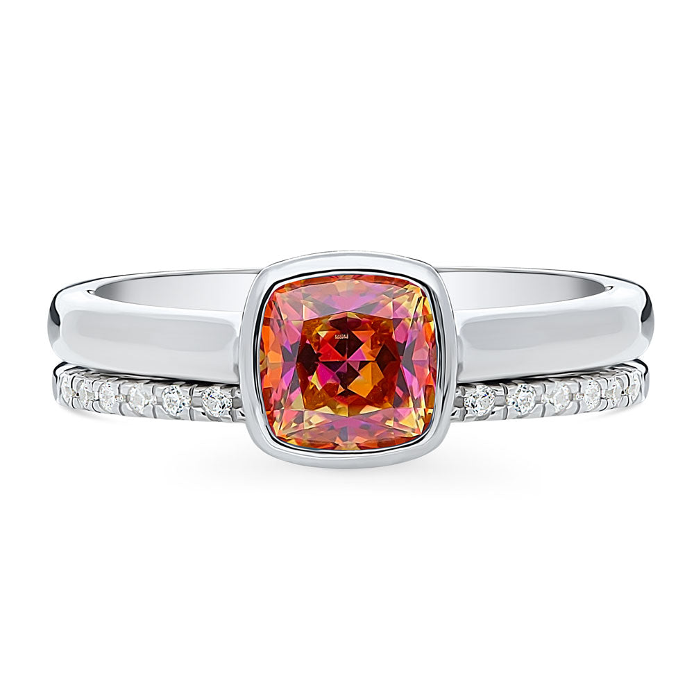 Kaleidoscope Red Orange Bezel Set CZ Ring Set in Sterling Silver